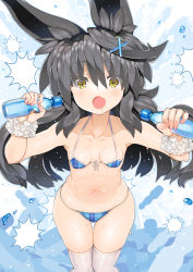  1girl :o animal_ears bare_shoulders bikini black_hair blue_bikini breasts char collarbone commentary_request covered_erect_nipples drooling fang fingernails front-tie_bikini_top front-tie_top hair_between_eyes hair_ornament hands_up highres holding long_hair looking_at_viewer navel necro-san open_mouth original plaid plaid_bikini ramune revision saliva scrunchie skindentation small_breasts solo string_bikini swimsuit thighhighs very_long_hair wet white_scrunchie white_thighhighs wrist_scrunchie x_hair_ornament yellow_eyes 