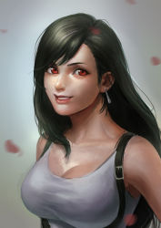  1990s_(style) 1girl black_hair blurry breasts cleavage depth_of_field earrings final_fantasy final_fantasy_vii highres jewelry large_breasts portrait realistic red_eyes skyfiss smile solo tank_top tifa_lockhart  rating:Sensitive score:44 user:kske