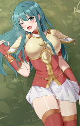  1girl absurdres amayo_thranana aqua_eyes aqua_hair armor blush bracelet breastplate commentary commission cowboy_shot eirika_(fire_emblem) fingerless_gloves fire_emblem fire_emblem:_the_sacred_stones gloves grass hand_up highres jewelry long_hair looking_at_viewer lying miniskirt nintendo on_back one_eye_closed open_mouth red_gloves red_shirt red_thighhighs shirt short_sleeves shoulder_armor skeb_commission skirt solo thighhighs thighs very_long_hair white_skirt 