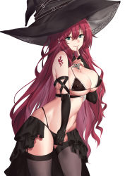  1girl absurdres bikini black_bikini breasts cleavage contrast elbow_gloves gloves green_eyes hat highres inuikentarou_(mfwt5357) large_breasts long_hair navel pink_hair simple_background solo swimsuit tattoo thighhighs very_long_hair white_background witch witch_hat  rating:Sensitive score:10 user:danbooru