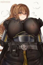  1girl artist_name bags_under_eyes belt blush bodysuit breasts brown_bodysuit brown_eyes brown_gloves brown_hair closed_mouth commentary covered_erect_nipples gloves hair_between_eyes hair_over_breasts hands_on_own_breasts helldivers_(series) highres huge_breasts long_hair looking_at_viewer neet_girl_(noiretox) nipple_pull nipple_stimulation noiretox one_eye_closed original ponytail puff_of_air simple_background solo split_mouth sweat symbol-only_commentary upper_body white_background 