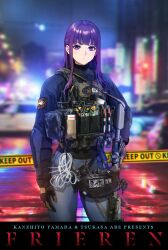  1girl absurdres ar-15 assault_rifle black_gloves black_jacket blue_pants blurry blurry_background cable_tie car caution_tape chinese_commentary closed_mouth combat_helmet commentary_request contrapposto copyright_name cowboy_shot cuffs denim expressionless fern_(sousou_no_frieren) frieren frieren_stuck_in_a_mimic_(meme) gloves gun handcuffs helmet highres holding holding_gun holding_weapon jacket jeans keep_out load_bearing_vest long_hair long_sleeves looking_at_viewer magazine_(weapon) meme motor_vehicle night outdoors pants police_car purple_eyes purple_hair rifle smoke_grenade solo sousou_no_frieren standing tactical_clothes tiewan trigger_discipline walkie-talkie weapon 