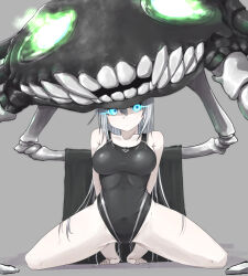  1girl abyssal_ship alternate_costume black_one-piece_swimsuit blue_eyes breasts competition_swimsuit covered_navel glowing glowing_eyes grey_hair highleg highleg_swimsuit highres kantai_collection large_breasts long_hair one-piece_swimsuit pale_skin solo spread_legs squatting swimsuit wo-class_aircraft_carrier zafuri_(yzrnegy) 