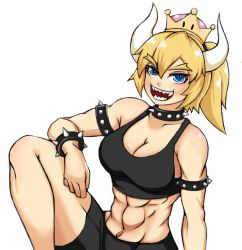  1girl abs armlet bare_shoulders blonde_hair blue_eyes bowsette bracelet breasts choker cleavage collarbone dragon fangs horns jewelry large_breasts long_hair mario_(series) new_super_mario_bros._u_deluxe nintendo open_mouth sharp simple_background sitting solo spikes super_crown teeth white_theme  rating:Questionable score:6 user:rosernergodie