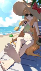  1girl absurdres barefoot beach bikini black_bikini blush closed_mouth coca-cola cola collarbone cup day drinking_glass fang feet flat_chest hat highres holding holding_cup horns ibuki_suika long_hair ocean oeyama orange_hair outdoors shorts skin_fang smile solo sun_hat sunglasses swimsuit toes touhou watermark white_shorts 