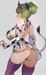 1girl animal_print ass back bare_shoulders blue_eyes blush bow_(bhp) breasts cow_horns cow_print cow_tail dress fingerless_gloves gloves green_hair grey_background horns large_breasts original ponytail purple_thighhighs sideboob simple_background solo tail thighhighs rating:Sensitive score:44 user:danbooru