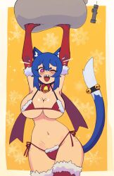  1girl :d absurdres animal_ear_fluff animal_ears arms_up bell blue_hair body_freckles bomb bow bra cat_ears cat_girl cat_tail collarbone cowboy_shot doce elbow_gloves explosive female_focus freckles fur-trimmed_bra fur-trimmed_gloves fur-trimmed_panties fur-trimmed_thighhighs fur_trim gift_bag gloves hair_between_eyes heart heart-shaped_pupils highres holding holding_sack jingle_bell looking_at_viewer micro_bra navel notice_lines one_eye_closed open_mouth original panties pink_eyes pipe_bomb red_bow red_bra red_gloves red_panties red_thighhighs sack sharp_teeth side-tie_panties smile snowflakes solo symbol-shaped_pupils tail teeth thighhighs underwear wink xiao_(docecaedrus) yellow_background 