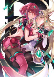  2girls aqua_gemstone arm_guards armor ass back-seamed_legwear backless_outfit black_pantyhose blonde_hair bob_cut breasts brown_pantyhose clothing_cutout dress drop_earrings earrings front-seamed_legwear impossible_clothes inoue_takuya_(tactactak) jewelry large_breasts long_hair micro_shorts microdress miniskirt multiple_girls mythra_(massive_melee)_(xenoblade) mythra_(xenoblade) nintendo one_eye_closed pantyhose pantyhose_under_shorts pyra_(xenoblade) red_eyes red_hair red_shorts seamed_legwear short_hair short_shorts short_sleeves shorts shoulder_armor skindentation skirt sleeveless sleeveless_dress super_smash_bros. swept_bangs thighhighs thighhighs_over_pantyhose tiara v-shaped_eyebrows very_long_hair white_skirt xenoblade_chronicles_(series) xenoblade_chronicles_2 yellow_eyes 