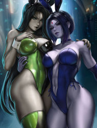 2022 2girls alternate_costume animal_ears artist_name ass bare_shoulders bindi black_hair black_nails breasts cleavage collar colored_skin costume crossover dandon_fuga dc_comics fake_animal_ears female_focus forehead_jewel green_eyes green_nails grey_skin hairband halloween halloween_costume highleg highleg_leotard highres jewelry kim_possible_(series) large_breasts latex latex_leotard leotard long_hair looking_at_viewer multicolored_leotard multiple_girls nail_polish navel parted_lips playboy_bunny purple_hair purple_lips rabbit_ears raven_(dc) shego short_hair side-tie_leotard smile standing strapless strapless_leotard teen_titans thick_thighs thighhighs thighs toned trait_connection wrist_cuffs rating:Sensitive score:203 user:danbooru