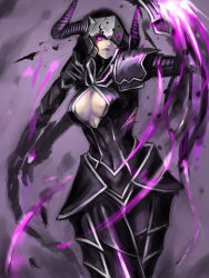  1girl alternate_costume alternate_hair_color armor blood breasts broken_armor cleavage cleavage_cutout clothing_cutout darkflame_shyvana fangs faulds full_armor helmet highres horns injury kumiko_shiba large_breasts league_of_legends one_eye_covered pauldrons purple_eyes shoulder_armor shyvana solo spikes  rating:Sensitive score:60 user:danbooru