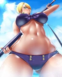  abs bikini blonde_hair blue_bikini bo_staff breasts cloud cloudy_sky falke_(street_fighter) fingernails green_eyes green_lips hair_over_one_eye large_breasts low-angle_shot nail_polish navel ocean official_alternate_costume short_hair sky stick strapless strapless_bikini street_fighter street_fighter_v sun swimsuit thighs wading weapon weapon_on_back  rating:Questionable score:5 user:Strider_Blaze