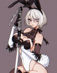  1girl 2b_(nier:automata) abottleofstars adapted_costume animal_ears black_thighhighs blue_eyes blush boots breasts cleavage commentary cropped_legs facing_viewer grey_hair holding holding_sword holding_weapon juliet_sleeves katana leotard long_sleeves mole mole_under_mouth nier:automata nier_(series) playboy_bunny puffy_sleeves rabbit_ears rabbit_tail short_hair shrug_(clothing) simple_background sitting solo sword tail thigh_boots thighhighs weapon white_background  rating:Sensitive score:2 user:danbooru