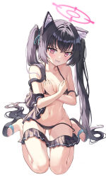  1girl absurdres animal_ear_fluff animal_ears bare_shoulders bikini bikini_pull bikini_skirt black_bikini black_footwear black_hair black_skirt blue_archive blush breasts cat_ears clenched_teeth clothes_pull covering_breasts covering_privates crossed_wrists frilled_bikini frills full_body gluteal_fold greenapple groin hair_ribbon halo halterneck highres invisible_floor long_hair nail_polish navel official_alternate_costume platform_footwear purple_eyes revision ribbon serika_(blue_archive) serika_(swimsuit)_(blue_archive) sidelocks simple_background sitting skirt skirt_pull slippers small_breasts solo stomach string_bikini swimsuit tears teeth thighs toenail_polish toenails twintails untied_bikini v-shaped_eyebrows very_long_hair wariza white_background 