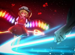  1girl 1other arms_behind_back ascot blonde_hair blood blue_skin closed_mouth colored_skin commentary_request crystal_wings flandre_scarlet frilled_skirt frills glowing glowing_eyes glowing_wings hat highres holding holding_weapon laevatein_(touhou) light_particles looking_at_viewer magic medium_hair mob_cap nene_man one_side_up out_of_frame red_eyes red_skirt red_vest shirt short_sleeves skirt smile standing touhou undertale undyne vest weapon white_hat white_shirt wings yellow_ascot 
