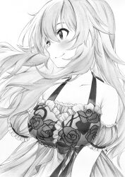  1girl bare_shoulders breasts closed_mouth collarbone commentary detached_sleeves dress floral_print frilled_dress frills greyscale highres hoshii_miki idolmaster idolmaster_(classic) idolmaster_million_live! idolmaster_million_live!_theater_days large_breasts light_smile lingerie long_hair looking_to_the_side monochrome negligee nightgown official_alternate_costume puffy_detached_sleeves puffy_sleeves rose_print sasa_koutoyomu sexy_beautiful_(idolmaster) sidelocks simple_background solo underwear upper_body very_long_hair wavy_hair white_background 
