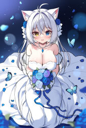  1girl aina_rive animal_ear_fluff animal_ears antenna_hair blue_butterfly blue_eyes blue_flower blue_rose blush bouquet breasts bug butterfly cat_ears cat_girl cleavage crossed_bangs dress flower hair_between_eyes hair_intakes heterochromia insect jewelry kneeling large_breasts looking_at_viewer mauve necklace original pearl_necklace rose solo strapless strapless_dress unfinished wedding_dress white_dress white_hair yellow_eyes 
