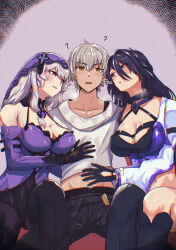  1boy 2girls ? absurdres acheron_(honkai:_star_rail) armpit_crease asymmetrical_legwear bare_shoulders black_choker black_gloves black_pants black_shorts black_swan_(honkai:_star_rail) blowing blush boots breasts caelus_(honkai:_star_rail) choker cleavage coat collarbone commentary confused covered_navel criss-cross_halter detached_sleeves diamond-shaped_pupils diamond_(shape) dress english_commentary gloves grey_hair hair_between_eyes hair_ornament halterneck hand_on_another&#039;s_chest hand_on_another&#039;s_stomach highres honkai:_star_rail honkai_(series) knee_boots large_breasts long_hair looking_at_viewer medium_hair midriff multicolored_hair multiple_girls navel open_mouth pants pantyhose pantyhose_under_shorts parted_lips purple_background purple_dress purple_eyes purple_hair purple_sleeves purple_veil reijgr_(ff9999x) shirt shorts single_knee_boot single_thigh_boot sitting streaked_hair symbol-shaped_pupils thigh_boots trailblazer_(honkai:_star_rail) white_coat white_shirt yellow_eyes 