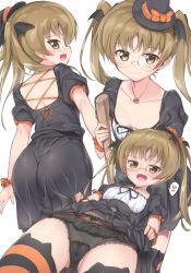 10s 1girl :d animal_ear_legwear ass black_dress black_hat black_panties blonde_hair blush bow breasts broom brown_eyes cameltoe cat_ear_legwear cleft_of_venus clothes_lift collarbone cross-laced_clothes dress dress_lift dutch_angle girls_und_panzer glasses halloween halloween_costume hat hat_bow head_wings heart highres holding lifted_by_self lingerie looking_at_viewer looking_back looking_to_the_side multiple_views oono_aya open_mouth orange_bow panties pantylines rimless_eyewear short_sleeves simple_background skirt skirt_lift small_breasts smile spoken_heart striped_clothes striped_thighhighs sweat thighhighs twintails underwear white_background wings witch_hat wrist_cuffs yoi_naosuke rating:Questionable score:47 user:danbooru