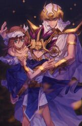  1girl 2boys armlet atem bad_id bad_lofter_id black_background black_hair blue_cape blue_eyes bracer breasts bright_pupils brown_hair cape cleavage clenched_hand dress egyptian_clothes facial_mark gold_belt gold_choker hand_on_another&#039;s_shoulder hand_up hands_up headdress headpiece highres jewelry light_smile long_hair looking_at_viewer mahado male_focus mana_(yu-gi-oh!) millennium_puzzle multicolored_hair multiple_boys naoki_(2rzmcaizerails6) necklace off-shoulder_dress off_shoulder purple_hair robe serious shoulder_spikes sparkle spiked_hair spikes streaked_hair usekh_collar vambraces white_robe white_tunic yu-gi-oh! yu-gi-oh!_duel_monsters 