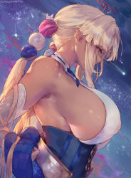 1girl absurdres bare_shoulders blonde_hair breasts covered_erect_nipples cutesexyrobutts dark-skinned_female dark_skin detached_sleeves from_side hair_ornament halterneck highres hololive hololive_english huge_breasts long_hair looking_down low_twintails multicolored_background nipples no_bra patreon_logo patreon_username planet_hair_ornament sideboob sidelocks solo tan tsukumo_sana tsukumo_sana_(1st_costume) twintails very_long_hair virtual_youtuber yellow_eyes rating:Questionable score:180 user:Vardigiil
