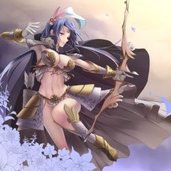 1girl armor armored_dress armpits arrow_(projectile) bikini_armor blue_hair bow_(weapon) breasts cape cleavage commentary_request crescent crescent_facial_mark facial_mark feather_hair_ornament feathers flower forehead_mark gloves greaves groin hair_ornament high_collar highres large_breasts leaf looking_away low_twintails navel original parted_lips pink_eyes quiver revealing_clothes ryuki@maguro-ex smile solo twintails weapon white_gloves rating:Sensitive score:18 user:danbooru