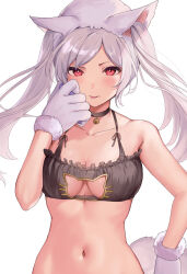 1girl :p alternate_costume animal_ears animal_hands asymmetrical_bangs bell black_bra bra breasts cat_cutout cat_lingerie cat_paws clothing_cutout collarbone commentary corruption dark_persona fake_animal_ears fire_emblem fire_emblem_awakening fire_emblem_heroes gloves grima_(fire_emblem) haru_(nakajou-28) highres intelligent_systems long_hair looking_at_viewer medium_breasts meme_attire navel neck_bell nintendo paw_gloves possessed possession red_eyes robin_(female)_(fire_emblem) robin_(fire_emblem) solo tongue tongue_out twintails underwear white_background white_hair rating:Sensitive score:50 user:danbooru