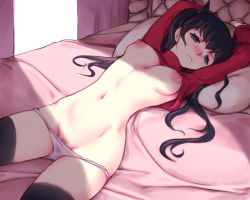  1girl bed black_hair black_thighhighs blue_eyes blush breasts clothes_lift fate/stay_night fate_(series) female_pubic_hair hair_ribbon long_hair long_sleeves looking_at_viewer lying medium_breasts navel nipples nose_blush on_back on_bed pillow pubic_hair pubic_hair_peek red_sweater ribbon sieyarelow solo sweater sweater_lift thighhighs tohsaka_rin two_side_up  rating:Questionable score:66 user:danbooru