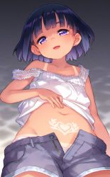  1girl black_hair blue_eyes camisole camisole_lift clothes_lift denim denim_shorts kito_(sorahate) lifting_own_clothes loli lying navel on_back open_clothes open_mouth open_shorts original panties pubic_tattoo short_hair short_shorts shorts smile solo strap_slip tan tanline tattoo unbuttoned underwear unzipped white_camisole white_panties  rating:Questionable score:84 user:danbooru