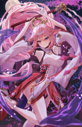  1girl absurdres animal_ears armpits arms_up blurry blurry_background breasts detached_sleeves floating_hair floppy_ears foot_out_of_frame fox_ears fox_shadow_puppet genshin_impact gohei hair_between_eyes hands_up highres holding holding_gohei large_breasts looking_at_viewer maaashuro moon night night_sky nontraditional_miko parted_lips pink_hair purple_eyes sky solo standing standing_on_one_leg star_(sky) torii white_sleeves wide_sleeves yae_miko 