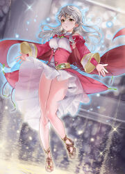  1girl bare_legs cape detached_sleeves diadem dress fire_emblem fire_emblem:_radiant_dawn floating floating_hair forehead_jewel full_body glowing grey_hair hair_tubes haru_(nakajou-28) highres long_hair micaiah_(fire_emblem) micaiah_(queen_of_dawn)_(fire_emblem) nintendo outstretched_arms pink_cape short_dress solo underbust white_dress 