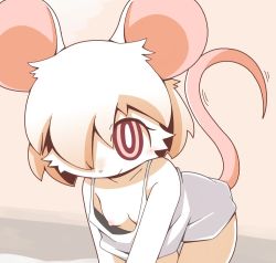  1girl all_fours animal_ears body_fur breasts bright_pupils crepix downblouse dress female_focus furry furry_female hair_over_one_eye mouse_ears mouse_girl mouse_tail nipples no_bra original pink_eyes small_breasts solo tail white_dress white_fur white_hair white_pupils 