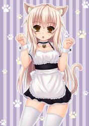  1girl :o animal_ears bell blonde_hair cat_ears cat_tail choker collarbone cowboy_shot frills looking_at_viewer maid morimon original paw_pose paw_print short_sleeves solo standing striped striped_background tail thighhighs vertical_stripes white_thighhighs wrist_cuffs yellow_eyes zettai_ryouiki  rating:Sensitive score:20 user:danbooru
