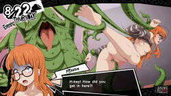  1girl 1other ahoge animeflux bare_shoulders barefoot black-framed_eyewear blush breasts brown_eyes commentary english_commentary english_text fake_screenshot feet glasses legs long_hair mara_(megami_tensei) off-shoulder_sweater off_shoulder open_mouth orange_hair persona persona_5 pussy pussy_juice rape sakura_futaba small_breasts speech_bubble sweat sweater tentacle_grab tentacles toes tongue uncensored watermark wide-eyed 