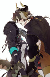  1boy 1girl absurdres arknights arm_grab armor black_cloak black_coat black_gloves black_hair black_horns brown_hair chong_yue_(arknights) cloak coat collared_cloak colored_extremities commentary_request doctor_(arknights) dragon_boy dragon_horns dragon_tail earrings facing_another female_doctor_(arknights) gloves gradient_hair grey_hair grin hand_up hetero high_collar highres hood hood_up hooded_coat horns jewelry korean_commentary long_hair long_sleeves long_tail looking_at_viewer low_ponytail multicolored_hair open_clothes open_coat pauldrons pointy_ears red_eyes rerebrace shoulder_armor simple_background sleeveless slit_pupils smile standing streaked_hair tail tail_around_arm tail_wrap upper_body walhee221 white_background 