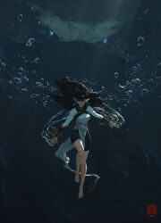  1girl barefoot black_hair black_shorts blue_eyes bracelet breasts bubble earrings full_body highres jewelry kan_liu_(666k) long_hair long_sleeves looking_at_viewer medium_breasts original pointy_ears seal_impression serious shirt shorts signature solo underwater white_shirt 