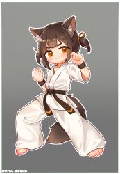  1girl animal_ear_fluff artist_name barefoot belt black_belt border brown_hair chinese_commentary clenched_hand closed_mouth commentary_request dougi fighting_stance fox_girl fox_tail full_body grey_background highres kuma-bound martial_arts_belt medium_hair orange_eyes original short_twintails simple_background solo standing tail toes twintails white_border 