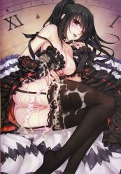  1girl ass black_hair breasts clara_v copyright_request cum cum_on_body cum_on_breasts cum_on_clothes cum_on_upper_body date_a_live highres multicolored_eyes nipples pussy solo source_request tokisaki_kurumi 