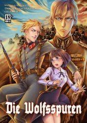  1girl 2boys absurdres alfred_zimmersmark anh_thuy artist_name belt blonde_hair blouse blue_eyes brown_hair buttons closed_mouth cloud content_rating cross darun_khanchanusthiti die_wolfsspuren dress german german_text glaring glasses grey_pants gun helmet highres holding iron_cross jacket kar98 leather leather_belt legs looking_at_viewer looking_back looking_to_the_side looking_up mauser medal medallion military military_uniform multiple_boys nazi open_mouth original pants pouch purple_dress purple_eyes purple_shirt ribbon rifle rock shirt short_hair shouting silhouette sky swastika text_focus thighs title ulrich_werther uniform waffen-ss weapon wood 