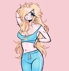 1girl alternate_costume blonde_hair blue_pants blue_sports_bra blush bracelet breasts cleavage commentary drawstring earrings english_commentary hair_over_one_eye hand_on_own_hip head_tilt highres jewelry large_breasts long_hair looking_at_viewer mario_(series) megrocks midriff navel nintendo pants parted_lips pink_background rosalina solo sports_bra star_(symbol) super_mario_galaxy sweat sweatpants very_long_hair rating:Sensitive score:18 user:danbooru