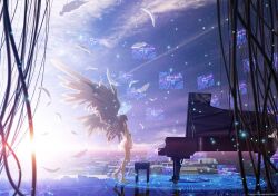  1girl angel_beats! barefoot dress feathers from_side highres instrument piano sky solo tenshi_(angel_beats!) white_dress wings 