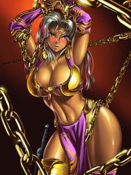  1girl armor armpits arms_up bdsm blush bondage bound breasts chain chained circlet collarbone curvy dancer dark-skinned_female dark_skin earrings elbow_gloves female_focus glint gloves gold gold_armor halterneck headdress hip_focus huge_breasts jewelry kodamashi lipstick loincloth long_hair looking_at_viewer lots_of_jewelry makeup navel open_mouth princess red_eyes shiny_skin silver_hair slave solo spoils standing thick_thighs thighhighs thighs wallpaper  rating:Sensitive score:117 user:danbooru
