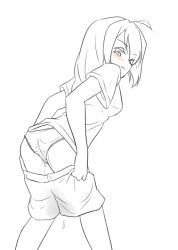 1girl ahoge azukilib breasts clothes_pull embarrassed female_focus from_behind half-closed_eyes leaning_forward looking_at_viewer looking_back monochrome original panties pee peed_self pulled_by_self shirt short_hair short_sleeves shorts shorts_pull simple_background sketch solo spot_color standing underwear undressing wavy_mouth wet wet_clothes wet_panties white_background rating:Questionable score:13 user:AngryZapdos