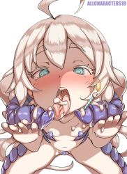 1girl ahoge arthropod_girl blue_eyes blush breasts candle female_focus fisticuffs_club from_above icing loli monster_girl original simple_background small_breasts solo suggestive_fluid teeth tongue tongue_out uvula white_background white_hair rating:Questionable score:167 user:Dweenie