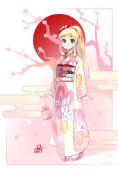  1girl blonde_hair braid closed_mouth commentary_request creatures_(company) crown_braid dated eyelashes floral_print flower game_freak green_eyes hairband highres holding japanese_clothes kimono lillie_(new_year&#039;s_2021)_(pokemon) lillie_(pokemon) long_hair long_sleeves looking_at_viewer nengajou new_year nintendo official_alternate_costume pigeon-toed pokemon pokemon_masters_ex ponytail pouch sash sidelocks smile solo standing tm_(hanamakisan)  rating:Sensitive score:20 user:danbooru