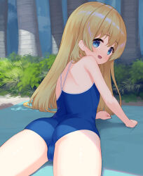  1girl arm_support ass blonde_hair blue_eyes blue_one-piece_swimsuit competition_school_swimsuit from_behind highres loli long_hair looking_at_viewer looking_back lying makigai on_stomach one-piece_swimsuit open_mouth original outdoors school_swimsuit shade smile solo swimsuit thighs tree yuria_(makigai) 