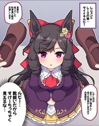  1girl 1other animal_ears ascot black_hair bow braid brown_footwear chestnut_mouth commentary_request daiichi_ruby_(umamusume) dress drill_hair ear_ornament frilled_dress frills from_above hair_bow highres holding holding_clothes holding_footwear holding_shoes horse_ears horse_girl juliet_sleeves long_hair long_sleeves looking_at_viewer open_mouth pov pov_hands puffy_long_sleeves puffy_sleeves purple_dress purple_eyes red_ascot red_bow red_eyes revision shoes side_drill solo_focus speech_bubble takiki translation_request umamusume 