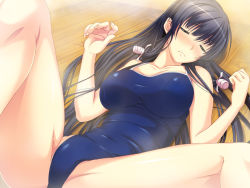 1girl bare_shoulders black_hair blush breasts collarbone competition_swimsuit closed_eyes female_focus floor game_cg huge_breasts legs_up long_hair lying marushin_(denwa0214) on_back one-piece_swimsuit ribbon sleeping solo supokon!_sports_wear_complex swimsuit terashima_madoka rating:Questionable score:56 user:Onineko1602