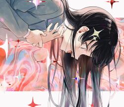  1girl black_hair brown_background collared_shirt crying crying_with_eyes_open from_side gradient_background green_necktie grey_eyes grey_jacket hair_behind_ear hair_ornament hand_on_own_chest hand_on_own_wrist hands_up highres jacket kagura_hikari letterboxed long_hair long_sleeves looking_ahead looking_down multicolored_background necktie nijiko_(c2cs4q) open_mouth outside_border pink_background profile red_background school_uniform shirt shoujo_kageki_revue_starlight solo sparkle sparkle_hair_ornament tears teeth upper_teeth_only white_shirt wide-eyed 