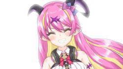  1girl arm_strap asymmetrical_horns bare_shoulders blonde_hair blouse bow bowtie breasts chest_harness closed_eyes demon_girl demon_horns facing_viewer grin hair_ornament harness headphones headphones_around_neck hololive horn_bow horn_ornament horns long_hair mano_aloe momo_kimuchi008 multicolored_hair pink_bow pink_bowtie pink_hair pointy_ears shirt sleeveless sleeveless_shirt smile solo teeth two-tone_hair uneven_horns virtual_youtuber white_shirt wing_collar 