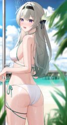  1girl absurdres ass beach bikini black_hairband blue_sky blurry blurry_background blush breasts cloud colored_tips cowboy_shot day firefly_(honkai:_star_rail) from_behind grey_hair hair_intakes hairband highres honkai:_star_rail honkai_(series) kirishe1101 long_hair looking_at_viewer looking_back medium_breasts multicolored_hair open_mouth purple_eyes showering side-tie_bikini_bottom sky solo swimsuit wet white_bikini 